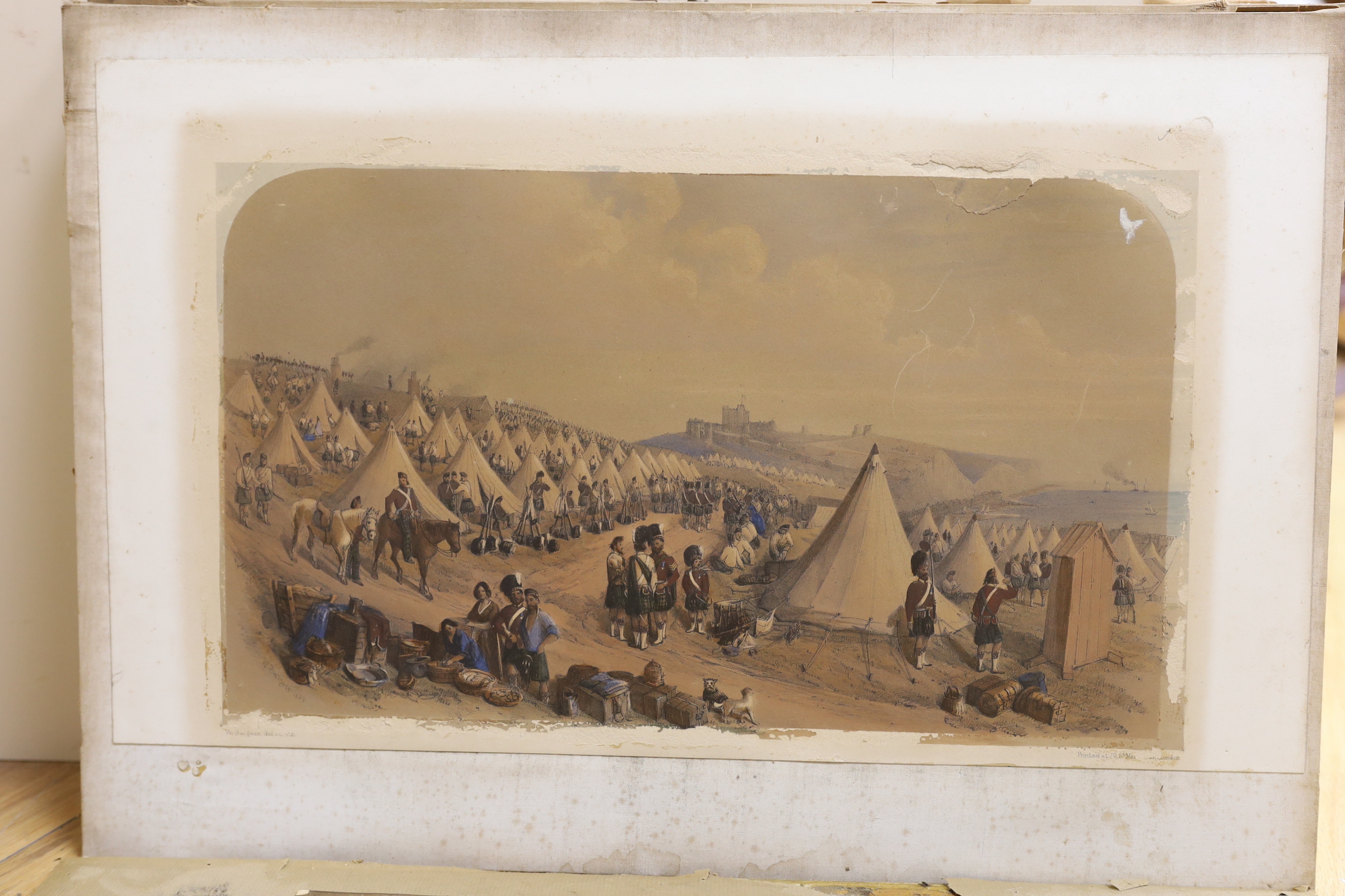 After William Burgess of Dover (1805-1861), four hand coloured lithographs, Views of Dover Castle and environs, 'Camp of 41st, 61st and 93rd Highlanders', dated 1828, 26 x 44cm, unframed